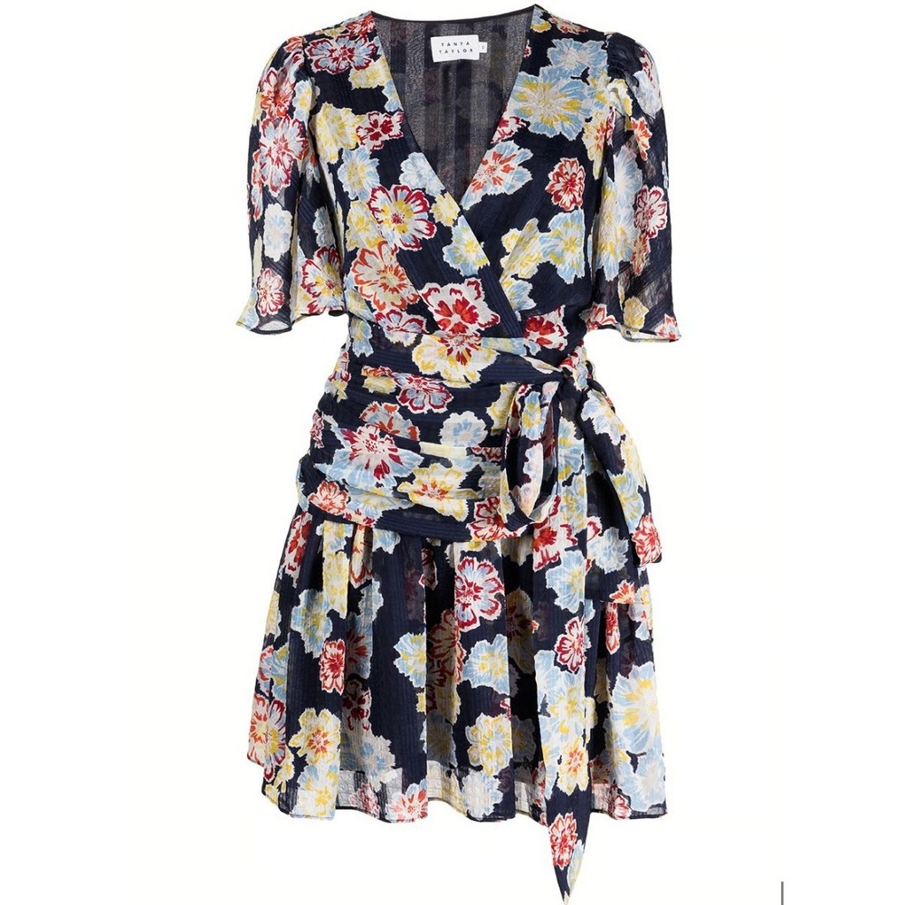 Tanya Taylor BrynnFloral Wrap Dress Size 10 Navy‎ Blue Tie Waist Flutter sleve